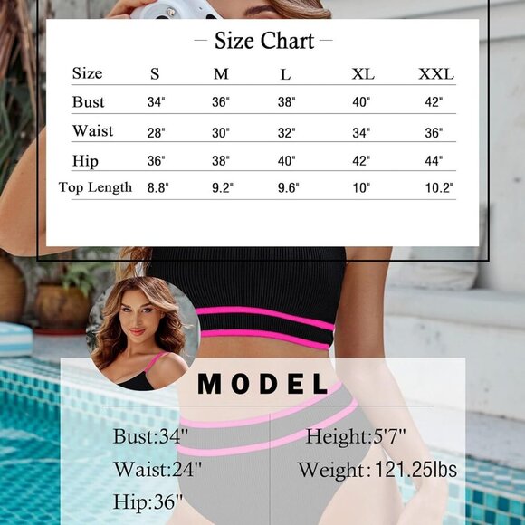 Women's High Waisted Bikini Ribbed Two Piece Swimsuit in Black & Pink, Size X-la - Picture 6 of 6